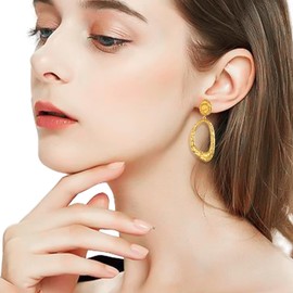 Frigotine Chunky Gold Door Knocker Hoop Dangle Drop Earrings for Woman, Trendy Statement Hammered Geometric Large Teardrop Earing Dangling Prom Party Fashion Jewelry Gifts