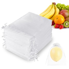 100Pcs Fruit Protection Bags 6x8 inch,Organza Fruit Netting Bags,Netting Cover Bags with Drawstring,Garden Plant Fruit Protectors Pest Barrier Bag for Mangoes Tomatoes Fruit Trees Veggies (White)