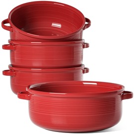 LE TAUCI Soup Bowls with Handles, Ceramic French Onion Soup Bowls 22 Ounces for Soup, Cereal, Chilli, Beef Stew, Stackable Serving Bowls Set, Oven Microwave Dishwasher Safe, Set of 4, Red