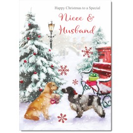 doodlecards Niece and Husband Christmas Card Two Dogs in Snow Medium Size Christmas Card for Niece & Husband with Plain Envelope