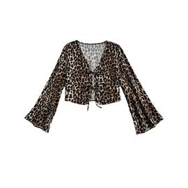 GORGLITTER Bluse Damen Elegant Langarm Leo Oberteil Crop Bluse Mit Schleife Langarmshirt Blusenshirt Leo Print Damenblusen Leoparden M