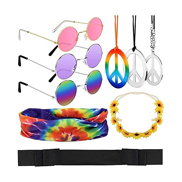 Hysagtek Hippie Costume Accessories Set, 9 Pieces Hippy Fancy Dressing Accessory-Hippie Headband, Hippie Style Glasses, Peace Sign Necklace for 60s 70s Theme Parties or Halloween