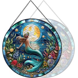 RIVEENY Mermaid Suncatcher Stained Glass, Stained Glass Window Hanging, Mermaid Gifts for Women, Mermaid Suncatchers for Windows, Hand Painted Glass for Ocean Lover 20cm/7.87inch