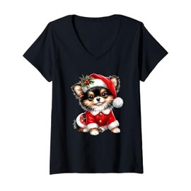 Womens Cute Christmas Puppy In Santa Suit V-Neck T-Shirt