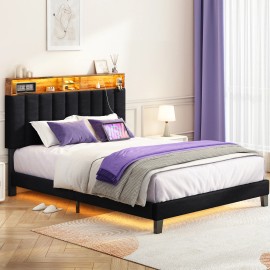 Sersper Full/Queen Size Bed Frame with Storage Headboard, Charging Station & LED - Full, Black