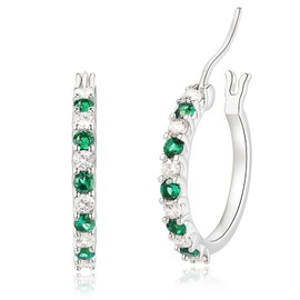 Sfoni Silver Hoops Earrings for Women 925 Sterling Silver Hoop Earrings Small Silver Hoop Earrings for Girls Hypoallergenic Earrings Jewellery Gifts for Christmas Birthday, 15mm/Silver/Green Stones