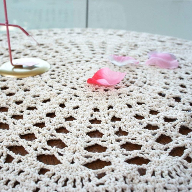 USTIDE Handmade Crochet Cotton Tablecloth Round Beige Crochet Tablecloths for