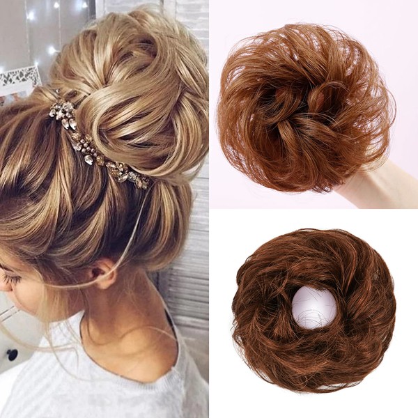 Uotp 100% Human Hair Messy Bun Hair Pieces Drawstring Hair Scrunchie Wedding Donut Hair Ring Daily Hair Bun Lady Styling Tool Hair Accessories for Women Girls (Light Brown)