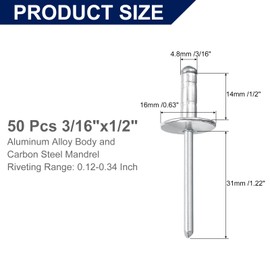 sourcing map 50Pcs 3/16"x1/2" Aluminum Blind Rivets, Large Head Multi Grip Aluminum Steel Mandrel Rivets Fasteners for Metal, Furniture, Automotive, Silver