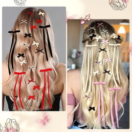 33 Stück Haarschleifen für Mädchen - Süße Schleifen-Haarspangen, Snap-Clips mit langen Schleifenbändern, modische Haaraccessoires für Frauen & Mädchen - 3 stylische Designs (Rot Weiß Schwarz)