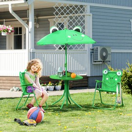 Outsunny Folding Kids Table and Chair Set, Picnic Table with Frog Pattern Removable & Height Adjustable Sun Umbrella for Garden, Backyard, Green