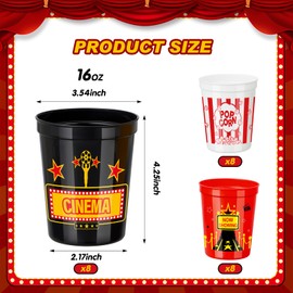 Domensi 24 Pcs Movie Night Cups 16oz Party Favors Supplies Reusable Stadium Cups Plastic Cups for Movie Night Theme Party Birthday Gift Decorations