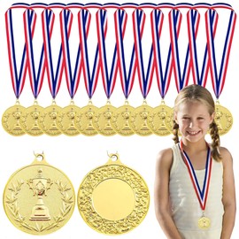 SUQ 12 x Medals for Children, Gold Medals with Tricolour Nylon Ribbo, 2 Inch Winner Medals for Children, Sports, Party, Awards, Team Gifts