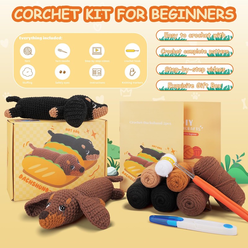 Crochet Kit for Beginners - 2 PCS Dachshund Crochet Kits