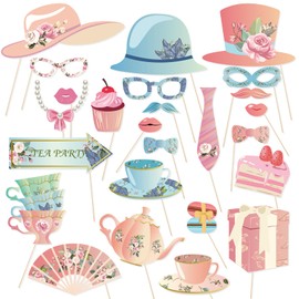 Little Man 25Pcs Tea Party Photo Booth Props, Tea Party Decorations, Tea for Two Party Decorations, Tea Party Birthday Decor, Tea Party Favors, Tea Party Baby Shower Decorations