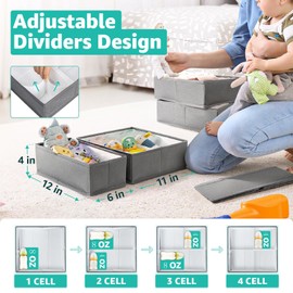GoTiling Adjustable Divider Baby Clothes Organizer, Nursery Closet Organizers and Storage Drawer Organizer Clothes, 3Pcs Foldable Kids Baby Organizer for Diapers, Toys, Bibs, Socks, Wipes(Gray)