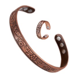Vintage Flower Ring Bracelet Set Adjustable Men's and Women's Antique Red Copper Bracelets (Bronze-colored, One Size)