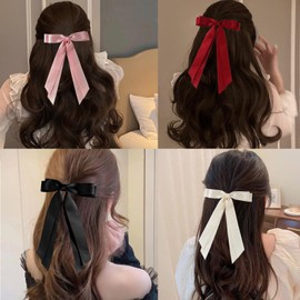 4Pcs Hair Bows for Women, BetterJonny Satin Hair Clips Ribbon Bowknot Hair Accessories Hair Barrettes with Long Tail for Girls Women, Adult Teens Hair Accessories…