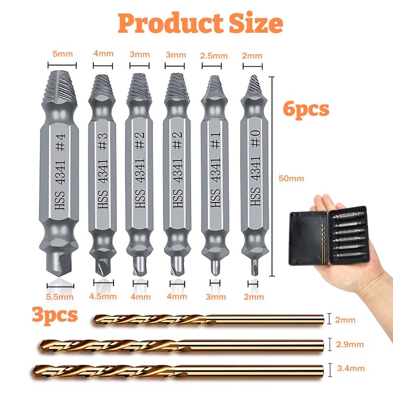 6 Piece Screw Extractor Set with 3 Twist Drills, HSS