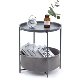 TOOLF End Table, Metal Nightstand, Coffee Round Table, Sofa Side Snack Table with Detachable Tray Top and Fabric Storage Basket, Scandi Style Table for Living Room Bedroom (Dark Grey)