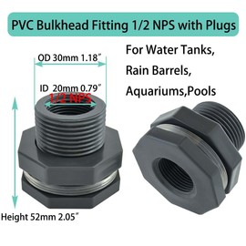 YSIL PVC Bulkhead Fitting 1/2 Inch Female Water Tank Connector with Plugs Pipe Fitting for 1-3/16"(30 mm) Diameter Hole Water Tanks,Rain Barrels, Aquariums,Pools 5 Pack
