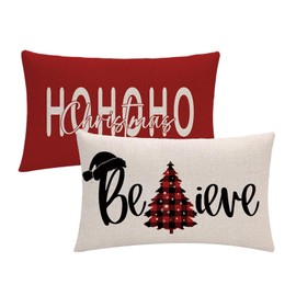 7COLORROOM 2Pack Red Christmas Pillow Cover Believe with Buffalo Check Tree Rectangular/Waist Cushion Cover Farmhouse Merry Christmas Decor 12”x 20”Pillowcases for Winter Holiday