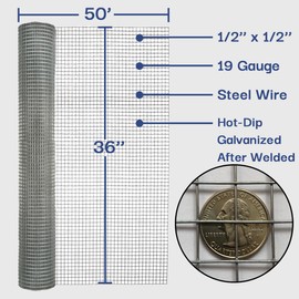 Salmut Hardware Cloth 1/2 in. x 3 ft. x 50 ft. 19-Gauge, Galvanized Wire Mesh Roll, Chicken Wire Fencing, Welded Wire Fence Roll, Gopher Mesh, Rodent Wire, Chicken Coop/Run Wire, Rat Wire Mesh