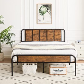 VECELO Queen Size Bed Frame with Wooden Headboard & Footboard,Queen Bed Metal Platform Mattress Foundation Strong Metal Slats Support No Box Spring Needed,Easy Assemble