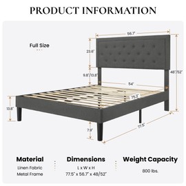 SHA CERLIN Full-Size Upholstered Bed Frame with Adjustable Button-Tufted Headboard, Sturdy Wood Slat Support, Noise-Free, Dark Grey