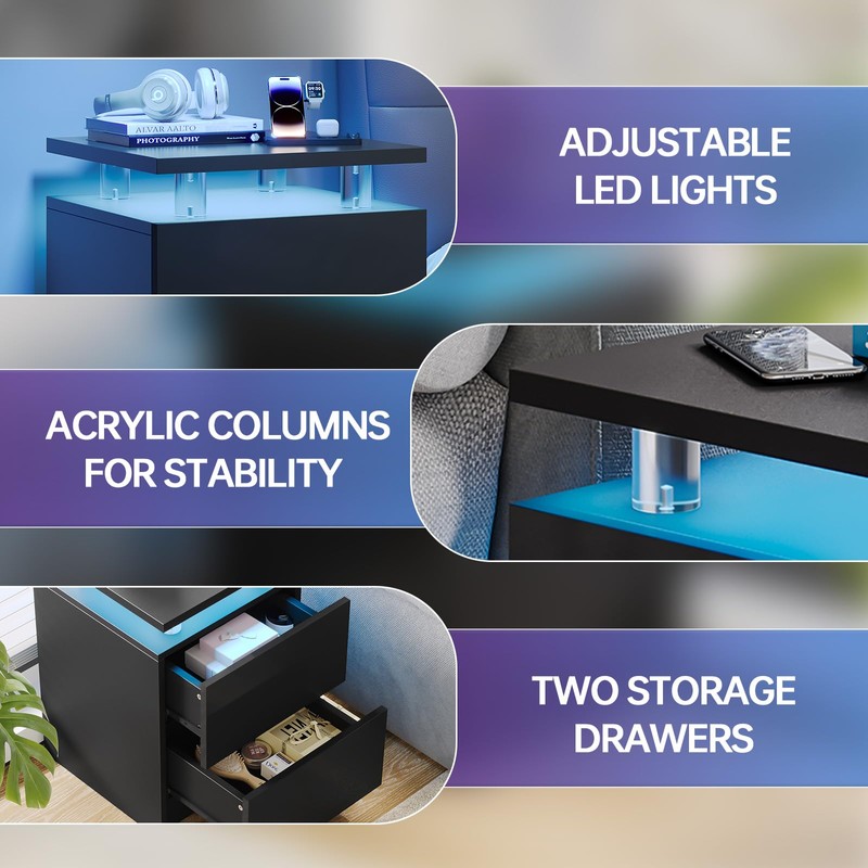 15" Black Nightstand Set of 2 with LED Lights, Modern