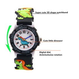 Jewtme Cute Toddler Children Kids Watches Ages 3-8 Analog Time Teacher 3D Silicone Band Cartoon Watch for Little Girls Boys (Dinosaur-Black)
