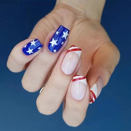 Mkwntg 4th of July Press on Nails Short Square Fake Nails Independence Day False Nails with American Flag Designs Red White French Tip Full Cover Glue on Nails for Women Patriotic Nail Decor 24Pcs