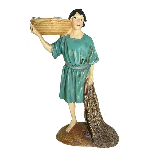 Ferrari & Arrighetti Figurine de crèche avec filet et panier de poissons pour crèche de 12 cm, figurine pêcheur pour crèche classique, traditionnel, style Martino Landi, résine peinte à la main