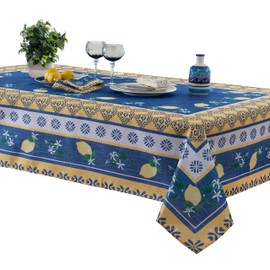 Home Bargains Plus Rectangle Fabric Tablecloth, 60 x 102 Inch, Blue Lemon Garden, Indoor Outdoor Stain and Water Resistant Fabric Table Cloth, Mediterranean Orchard