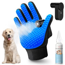 Pet Hair Remover Glove - Cat＆Dog Brush,Gentle Deshedding Efficient - Perfect for Dogs, Cats, Rabbits & Horses with Long/Short/Curly Hair,Includes Sprayer＆Waterless Shampoo (Right Hand, 1 Piece, Blue)