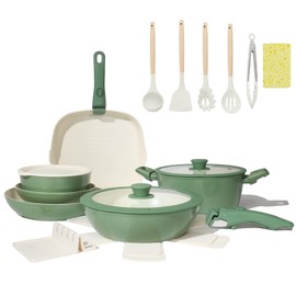BECIGAR 23pcs Ceramic Pots and Pans Set, Nonstick Detachable Handle Cookware, Induction Kitchen Cooking Set with Removable Handle,include Frying Pans & Saucepans Oven Safe(Green)