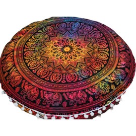 Round Mandala Floor Pillow Cover Seating Cushion Throw Cover Hippie Decorative Bohemian Ottoman Pouf Cover, Pom Pom Pillow Cases,Boho Indian 22 Inches (Multi Elephant Flower)