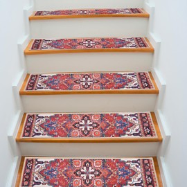 No Slip Stair Treads for Woonden Steps,Boho Stair Tread Carpet 15 Packs of 30x8 Reusable Stairs Carpet for Pets Kids Elders,Machine Washable Stair Rugs (Boho Red)
