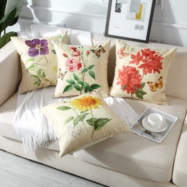Artscope Set of 4 Waterproof Throw Pillow Covers 18x18 Inches, Flowers and Butterfly Pattern Decorative Cushion Covers, Perfect to Outdoor Patio Garden Living Room Sofa Farmhouse Decor