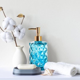 Glass Soap Dispenser,Crystal Refillable Wash Hand Liquid Clear Glass Bottle with Pump for Essential Oils, Lotions, Liquid Soaps,Dish Detergent (12 OZ Gray)