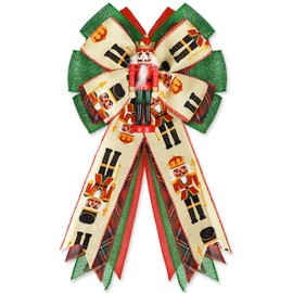 Whaline Christmas Wreath Bow Red Green Nutcracker Burlap Bow with Pendant Xmas Tree Topper Ornaments Gift Bow for Christmas Party Supplies Home Wall Door Fence Decoration, 11 x 16.5inch
