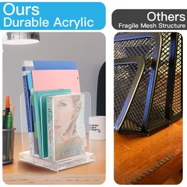Homakover Acrylic Desk Organizer and File Organizer, 3 Slots Desktop File Organizer Standing Rack on Table for Magazines, Binders, Mails & CD Records Storage Holder with Detachable Dividers