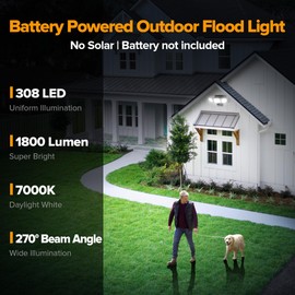 UME Battery Powered Motion Sensor Outdoor Lights 302 LED 1800LM, IP65 Waterproof Battery Operated Flood Lights Outdoor, 3 Heads Security Motion Light with 3 Modes for Garden Patio Yard, 2 Pack (Black)