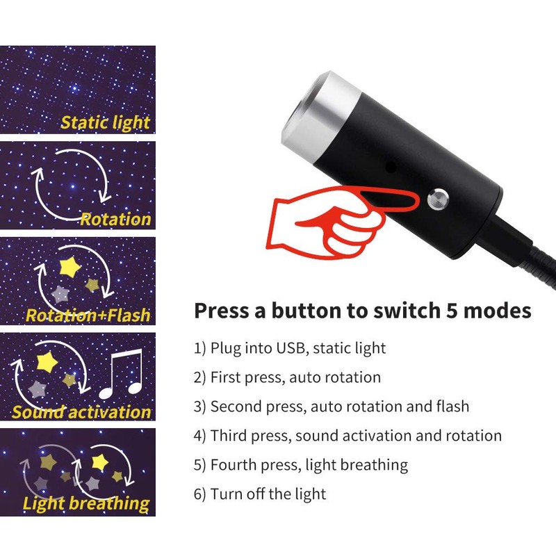 USB Star Night Light,Romantic Auto Roof Lights, XINFOK Adjustable USB