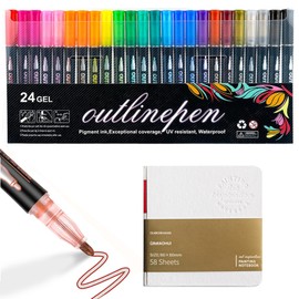 DOOCECIY 24 Pcs Coloring Lightstick Graffiti Highlighter Pens, Shimmer Markers Double Line Outline Pen with Sketchbook