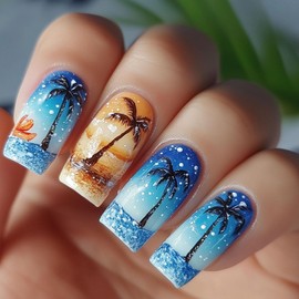 Coconut Tree Press on Nails Square Fake Nails Medium Dusk Design Seaside Glue on Nails Blue False Nails Summer Medium Square Nails Press ons Acrylic Artificial Nails Glue on for Girls 24Pcs