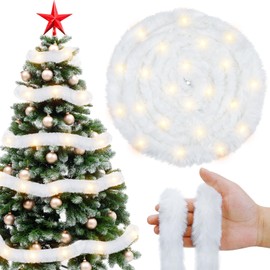 Jansun 33 FT Christmas White Garland, LED Lighted Faux Fur Ribbon Fabric Trim Xmas Tree Roll Winding Snow Garland Soft Artificial Furry Strip for Christmas Tree Hanging Decoration Sewing DIY Crafts