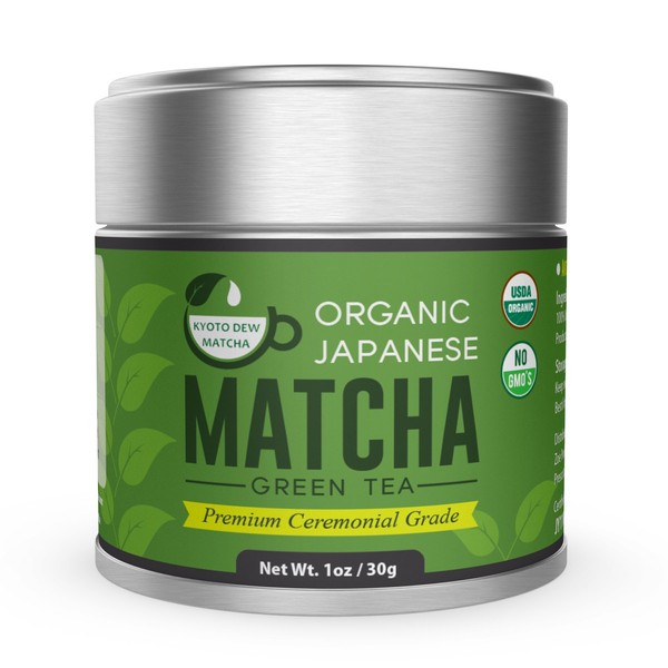 Kyoto Dew Matcha – Organic Premium Ceremonial Grade from Japan Matcha Green Tea Power – Radiation Free, Non Fillers, Zero Sugar – USDA & JAS Certified Organic 30g (1oz) Tin