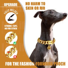 Luxlife Dog Chain Collar 15mm 19mm Thick Dog Collar with Quick Release Buckle 18K Gold Chain Collar for Small Medium Large Dogs(15MM, 12")