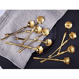 Juego de 10 cucharas de flores para café, vajilla acero inoxidable Cuchara azúcar creativa Cuchara café Cuchara helado Cuchara para mezclar Cuchara revolver Barra Cuchara para té helado (Dorado)